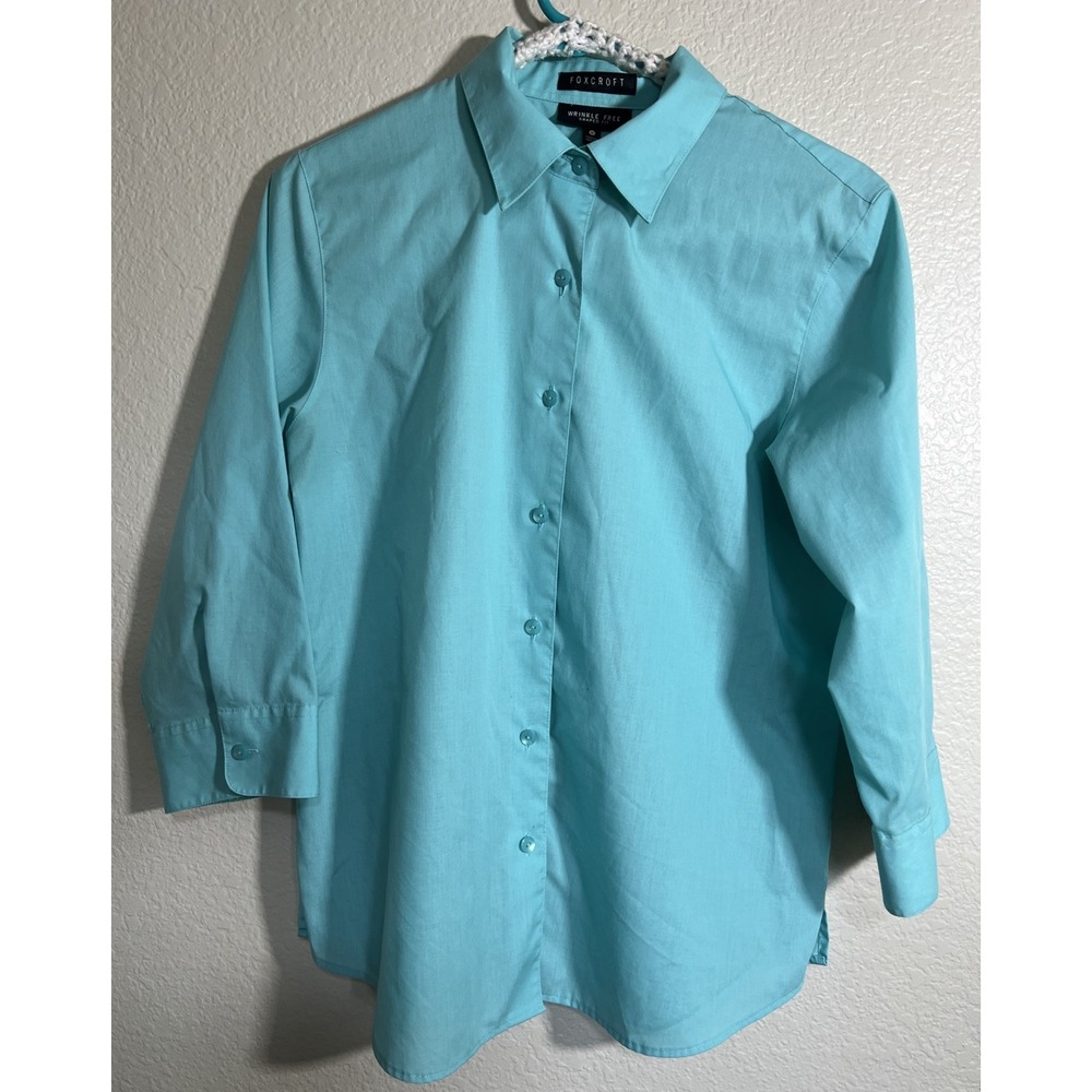 Foxcroft Wrinkle Free Shaped Fit Teal Long Sleeve Button Up Shirt Woman's 10